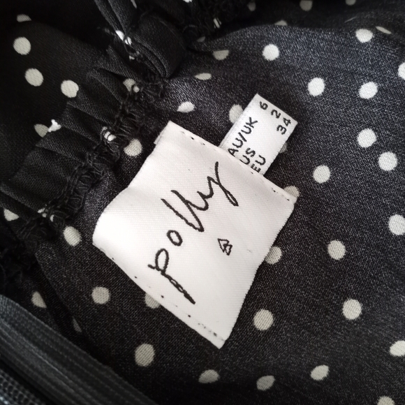 POLLY Black with White Polka Dots Faux Wrap Dress, size 2 - Picture 5 of 6
